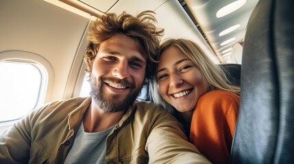 Wall Mural - Happy tourist taking selfie inside airplane - Cheerful couple on summer vacation - Passengers boarding on plane - Holidays and transportation concept