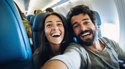 Happy tourist taking selfie inside airplane - Cheerful couple on summer vacation - Passengers boarding on plane - Holidays and transportation concept