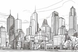 Fototapeta  - Outline illustration of downtown city landscape with high skyscrapers, government buildings, and urban life. Generative AI