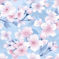 Wall Mural - Spring blue seamless pattern of flowers, leaves and herbs. Generated by AI