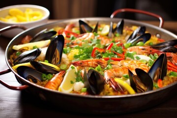 Poster - seafood paella on a pan, traditional spanish cuisine