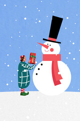 Poster - Creative poster collage of funny guy guests gifts snowman game shopping happy merry christmas new year theme x-mas