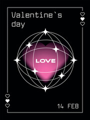 Poster - Valentine's Day greeting card in y2k style with a heart and lettering love enclosed in a sphere. Vector illustration