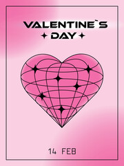 Poster - Valentine's Day poster with wireframe heart decorated with stars, y2k style. Vector illustration