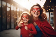 Mother And Child Playing Together In Superhero Costume Having Fun. Family Holiday And Togetherness.