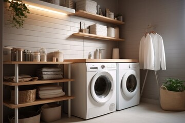 Interior of laundry room with modern washing machine at home