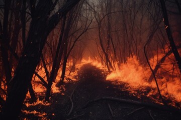 Poster - hot flames engulfing dry woods at night