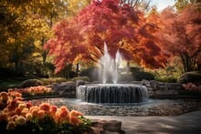 Scenic Autumnal Fountain At Dallas Botanical Garden. Generative AI
