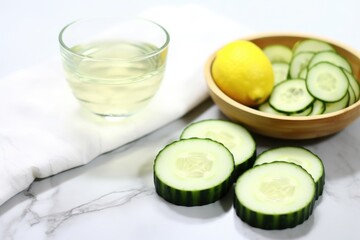 Wall Mural - sliced cucumbers next to a bowl of homemade cucumber eye mask