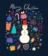 Poster - Christmas decorative collection with gifts and funny snowman