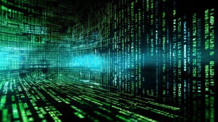 An abstract digital background with binary code and AI algorithms running in the background.