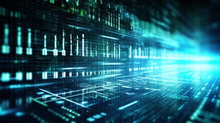 An abstract digital background with binary code and AI algorithms running in the background.