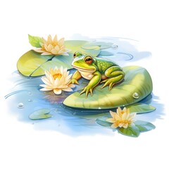 Wall Mural - Frog Floating on a Lily Pad Raft, watercolor for T-shirt Design.