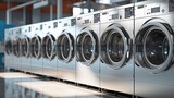 Fototapeta  - A row of industrial-sized laundry machines hums to life