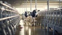 Dairy Cows Stand In A Modern Facility, As Machines Efficiently Handle The Milking Operations