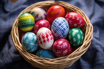 Canvas Print - painted eggs of various colors arranged in a straw basket