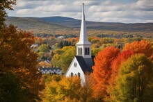Church With High Steeple Surrounded By Autumn Foliage