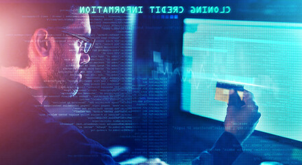 Fototapete - Hacker, credit card and overlay with man and computer for scam, cyber security and password theft. Phishing, technology and night with person and online crime for crypto, malware and finance fraud