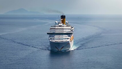 Wall Mural - aerial front view of a generic cruise ship traveling over calm ocean