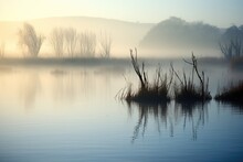A Tranquil Morning Scene Of A Misty Marshland