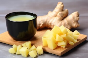 Poster - closeup of fresh ginger chunks and a cup of ginger tea