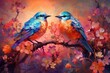 Two vibrant birds perched on a branch amidst blooming flowers. Generative AI