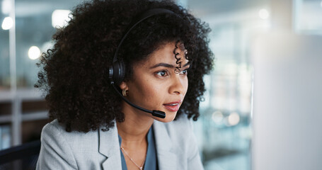 Aufkleber - Computer, call center and funny woman in customer service, tech support and talk to contact at help desk. Communication, telemarketing and African sales agent laughing, consulting and crm advisory
