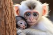 a baby monkey in a comforting hug with adult monkey