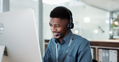 Canvas Print - Happy black man, face and call center in customer service, support or telemarketing at office. African male person, consultant or agent with headphones for consulting in contact us or online advice