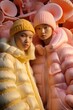 © Glittering Humanity - Two stunning women radiate a neon glow against the wintry backdrop, their jackets adorned with whimsical mushrooms as they cradle a precious baby in a portrait full of beauty and warmth