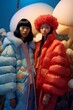 © Glittering Humanity - Two stunning women embrace the winter chill in their glowing neon jackets, holding onto each other as they stand in a portrait against the backdrop of an outdoor mushroom forest