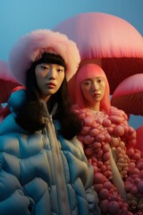 Wall Mural - Two stunning women donning pink and white hats and puffy coats pose for a winter portrait, their jackets glowing like neon mushrooms as they hold a person-shaped balloon