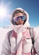 © Glittering Humanity - A stunning woman wearing a hooded jacket and ski goggles gazes at the breathtaking snowy mountains, her scarf fluttering in the winter wind as she prepares to hit the slopes with style and grace