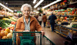 Elderly woman smiling while shopping at the supermarket with the trolley
