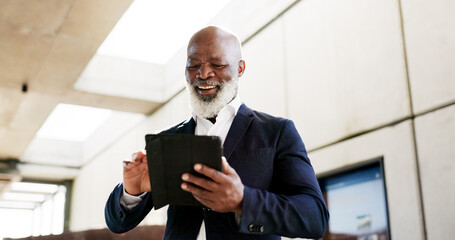 Poster - Tablet, celebration and senior businessman in the city with good news, job promotion or winning. Happy, digital technology and professional African male lawyer with fist pump for success in town.