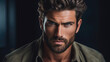 Striking headshot of a male model with rugged features,  exuding masculinity and charm