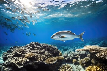 Wall Mural - fish schooling around a coral reef versus a single fish in open water