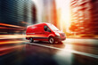 © barmaleeva - Delivery van driving through the city on a blurred city background. Fast delivery concept. AI generated