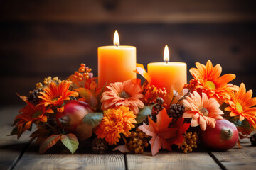 Wall Mural - A rustic table centerpiece with candles and autumn foliages. Generative AI