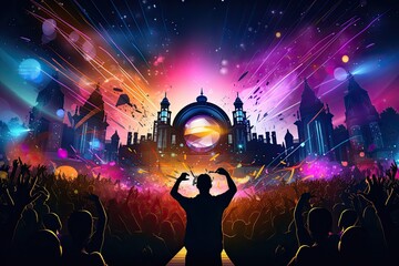 Dancing people in front of a music show. Vector illustration, dj night club party rave with the crowd in music festival, AI Generated