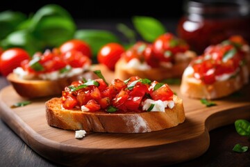 Sticker - bruschetta with goat cheese garnished with fresh basil leaves