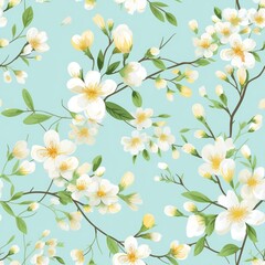 Wall Mural - Spring delicate green floral seamless pattern. Generated by AI