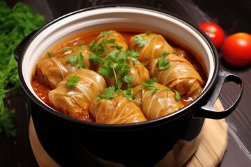 Poster - freshly prepared cabbage rolls snugly arranged in a steel pot