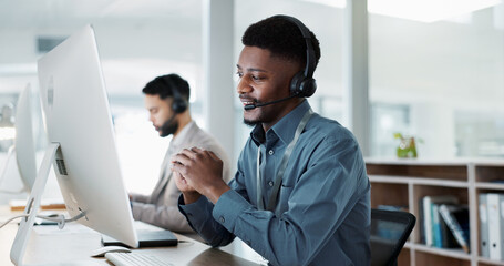 Poster - Happy black man, face and call center in customer service, support or telemarketing at office. African male person, consultant or agent with headphones for consulting in contact us or online advice