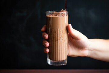 Canvas Print - hand holding a tall glass of rich chocolate milkshake