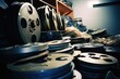 pile of film reels in a project room