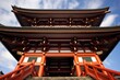 low angle of a towering shinto shrine gate