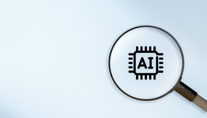 Poster - Ai, Artificial Intelligence concept. Magnifying glass with Ai Data icon on blue background with copy space. searching for information in technology with AI systems. business technology idea.
