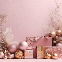 Pink Christmas Banner With Empty Space For Text, Gold Background, Gift Boxes, Fir Branches, Silver Gold Ornaments