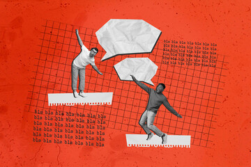 Poster - Creative poster collage of two friends speak talk communication speech bubble red poster coworking keep balance billboard comics zine